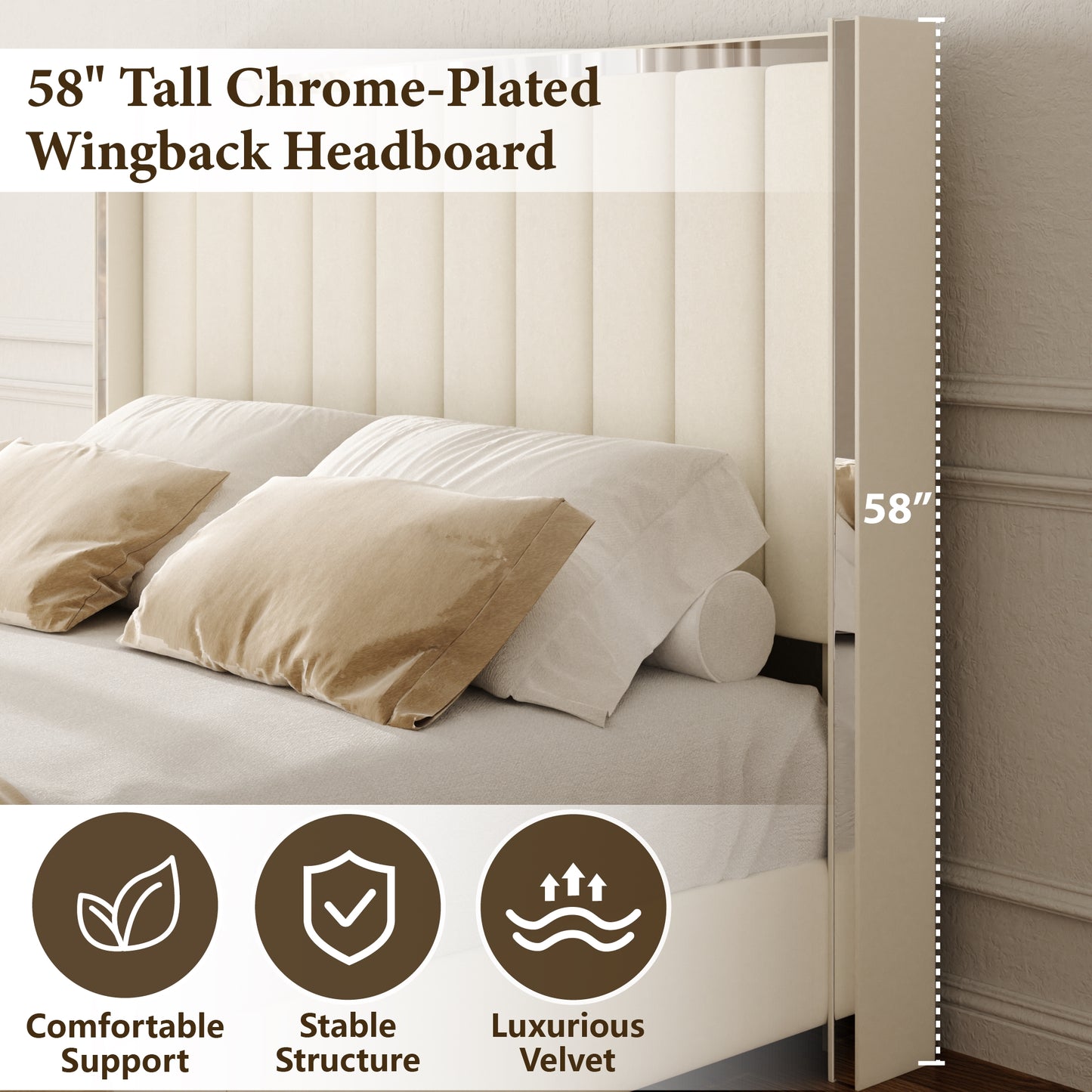 VIPLOV  Bed Frame with 58" High Headboard, Chenille Platform Bed Frame with Comfortable Upholstered Headboard, Mattress Foundation, No Box Spring Required, Cream