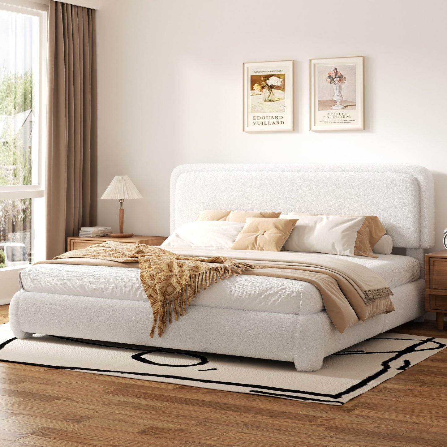 VIPLOV Size Boucle Bed Frame, Cloud Upholstered Platform Bed with Height Adjustable Headboard & Soft Rounded Corners, No Noise Free, Easy Assembly