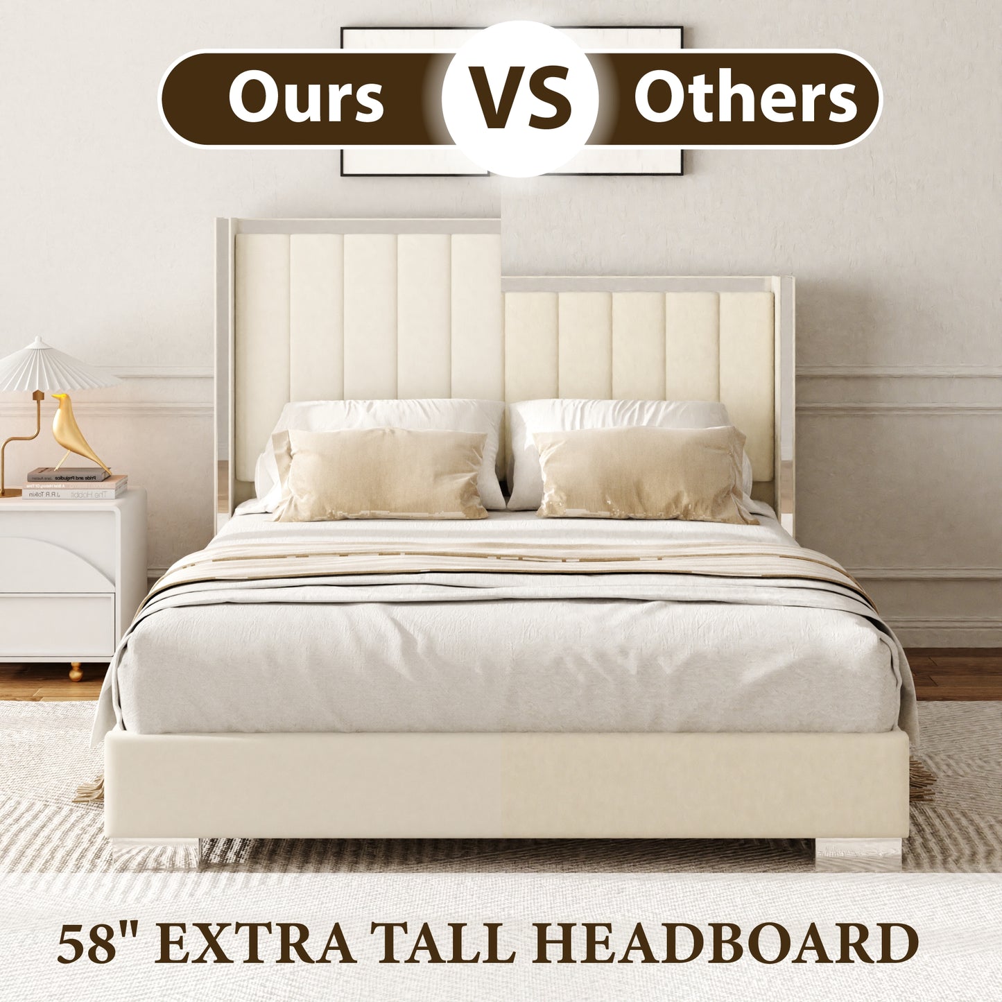 VIPLOV  Bed Frame with 58" High Headboard, Chenille Platform Bed Frame with Comfortable Upholstered Headboard, Mattress Foundation, No Box Spring Required, Cream