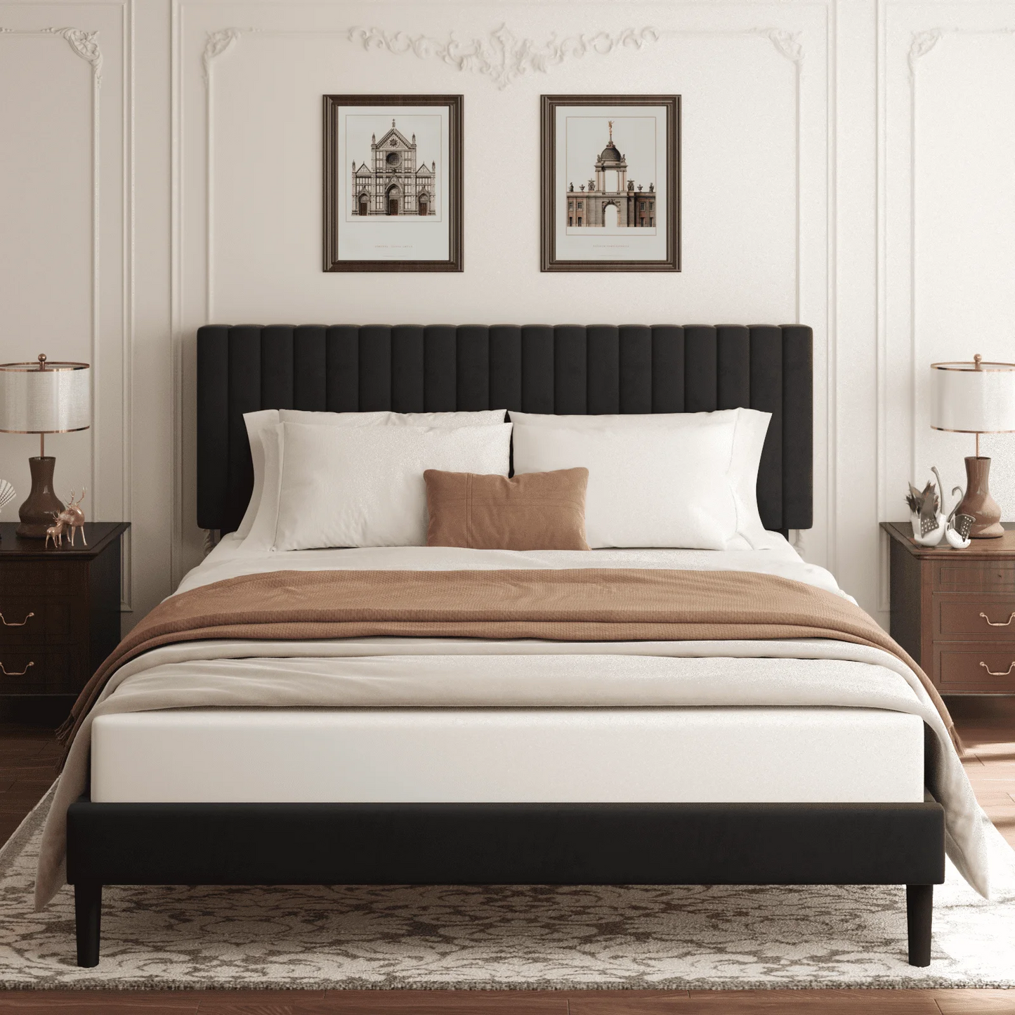 VIPLOV Bed Frame with Velvet Upholstered Headboard, Platform Bed with Strong Wood Slats, Mattress Foundation, Box Spring Optional, Easy Assembly