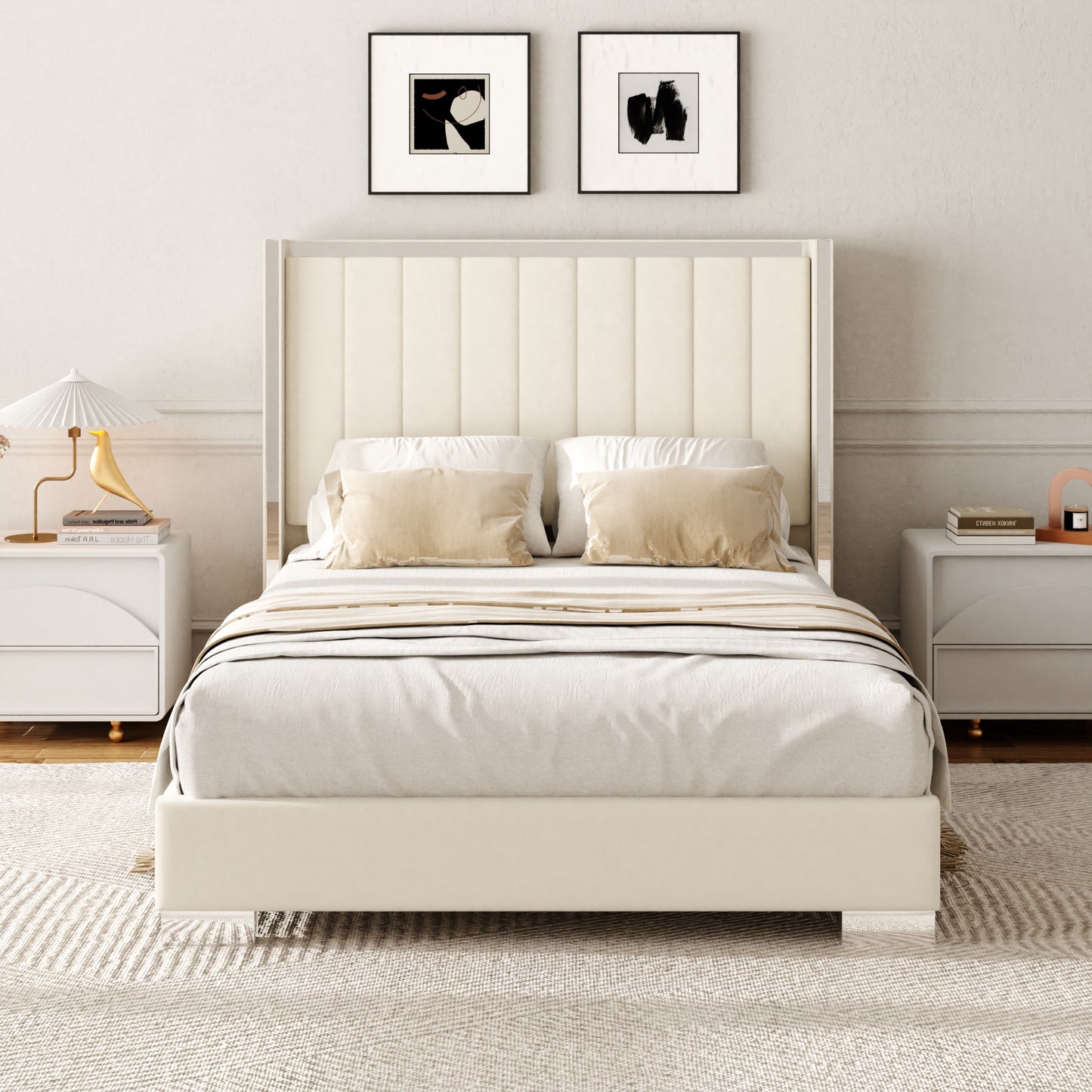 VIPLOV  Bed Frame with 58" High Headboard, Chenille Platform Bed Frame with Comfortable Upholstered Headboard, Mattress Foundation, No Box Spring Required, Cream