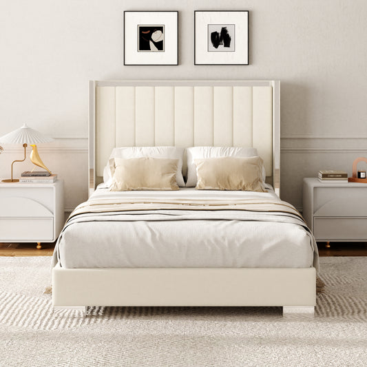 VIPLOV  Bed Frame with 58" High Headboard, Chenille Platform Bed Frame with Comfortable Upholstered Headboard, Mattress Foundation, No Box Spring Required, Cream