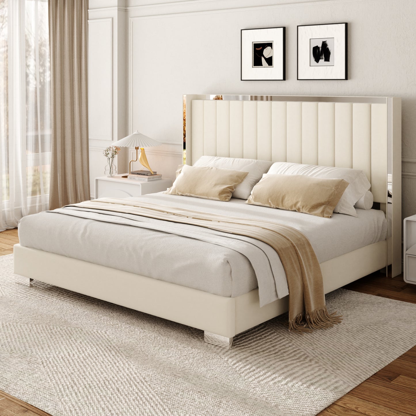 VIPLOV  Bed Frame with 58" High Headboard, Chenille Platform Bed Frame with Comfortable Upholstered Headboard, Mattress Foundation, No Box Spring Required, Cream