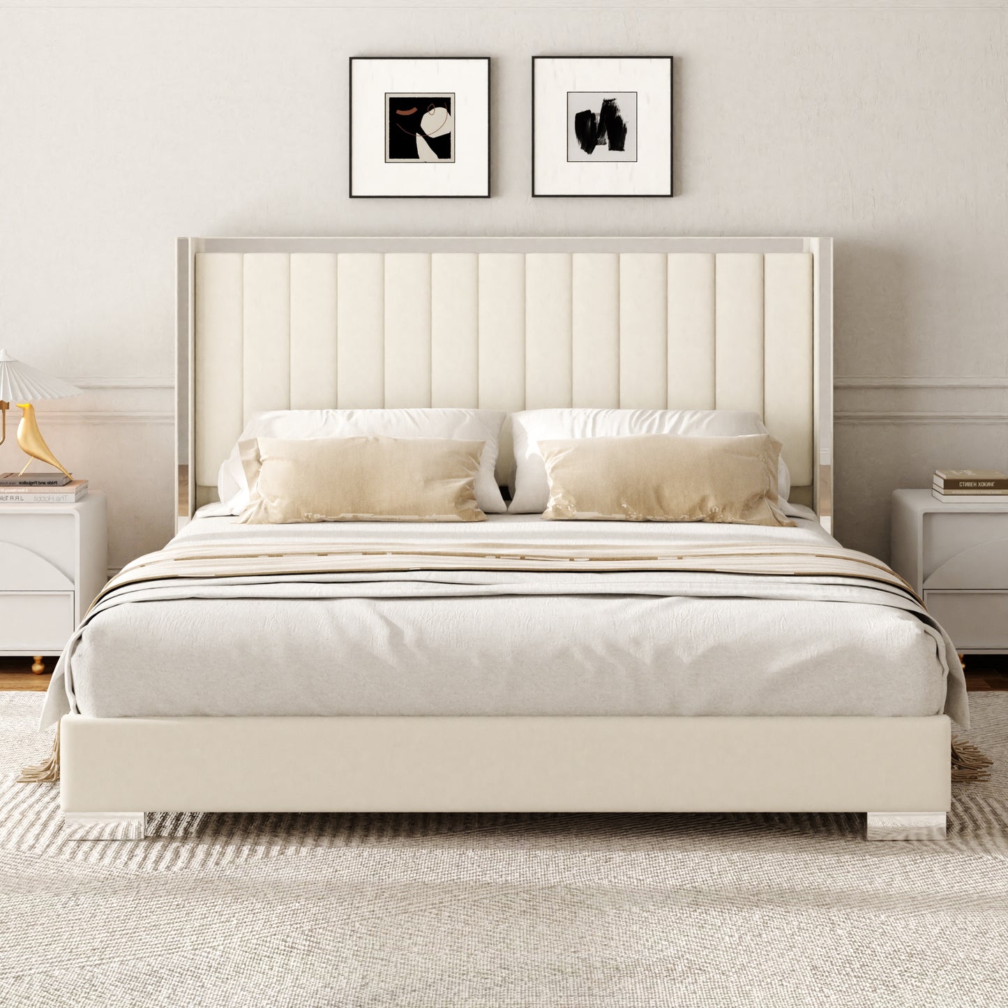 VIPLOV  Bed Frame with 58" High Headboard, Chenille Platform Bed Frame with Comfortable Upholstered Headboard, Mattress Foundation, No Box Spring Required, Cream