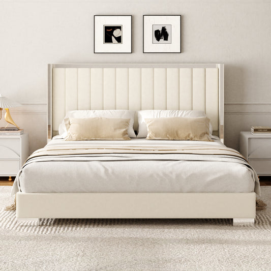 VIPLOV  Bed Frame with 58" High Headboard, Chenille Platform Bed Frame with Comfortable Upholstered Headboard, Mattress Foundation, No Box Spring Required, Cream