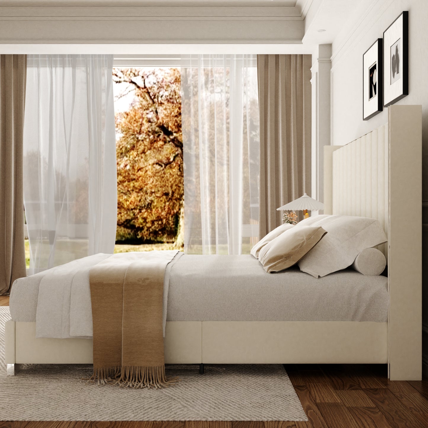 VIPLOV  Bed Frame with 58" High Headboard, Chenille Platform Bed Frame with Comfortable Upholstered Headboard, Mattress Foundation, No Box Spring Required, Cream