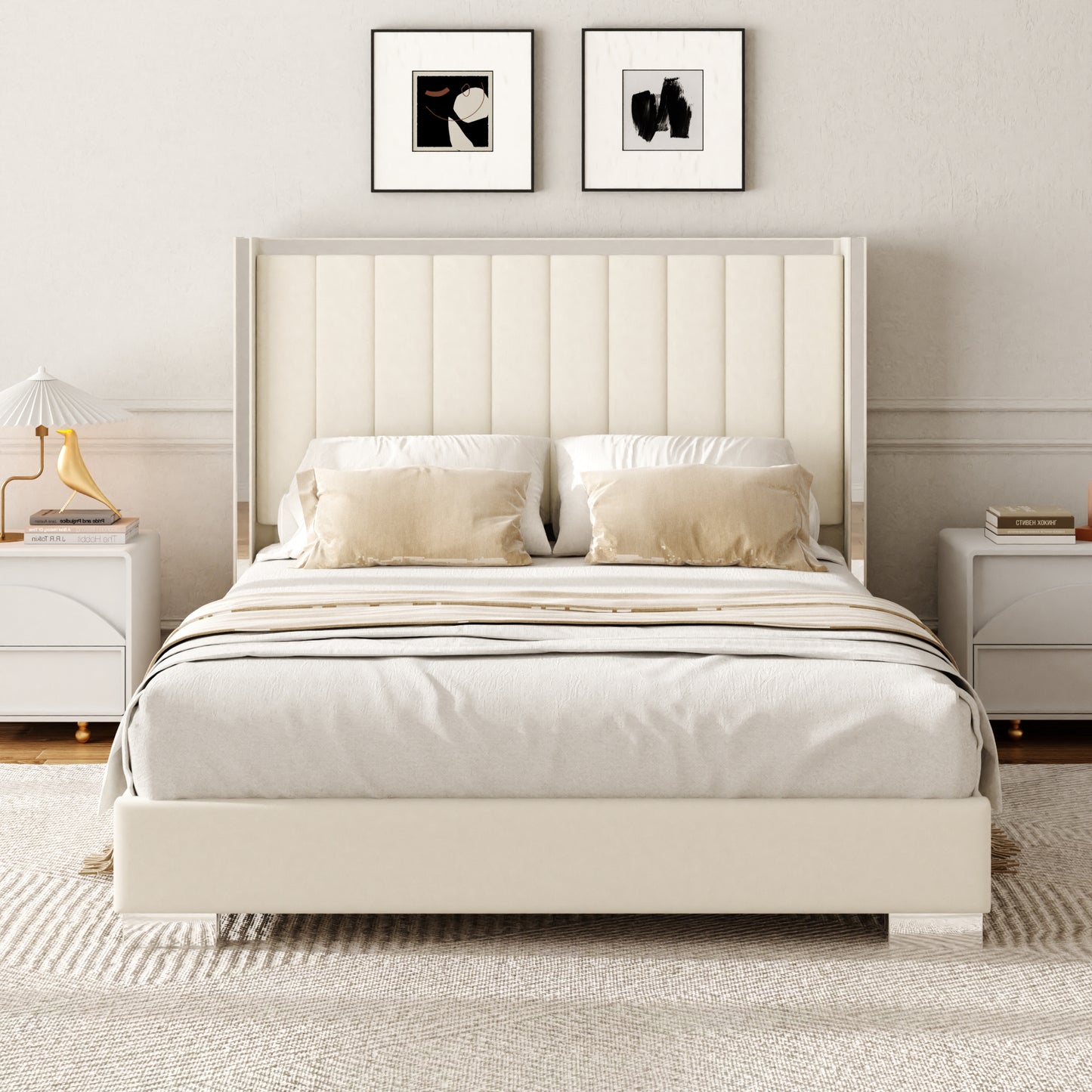 VIPLOV  Bed Frame with 58" High Headboard, Chenille Platform Bed Frame with Comfortable Upholstered Headboard, Mattress Foundation, No Box Spring Required, Cream