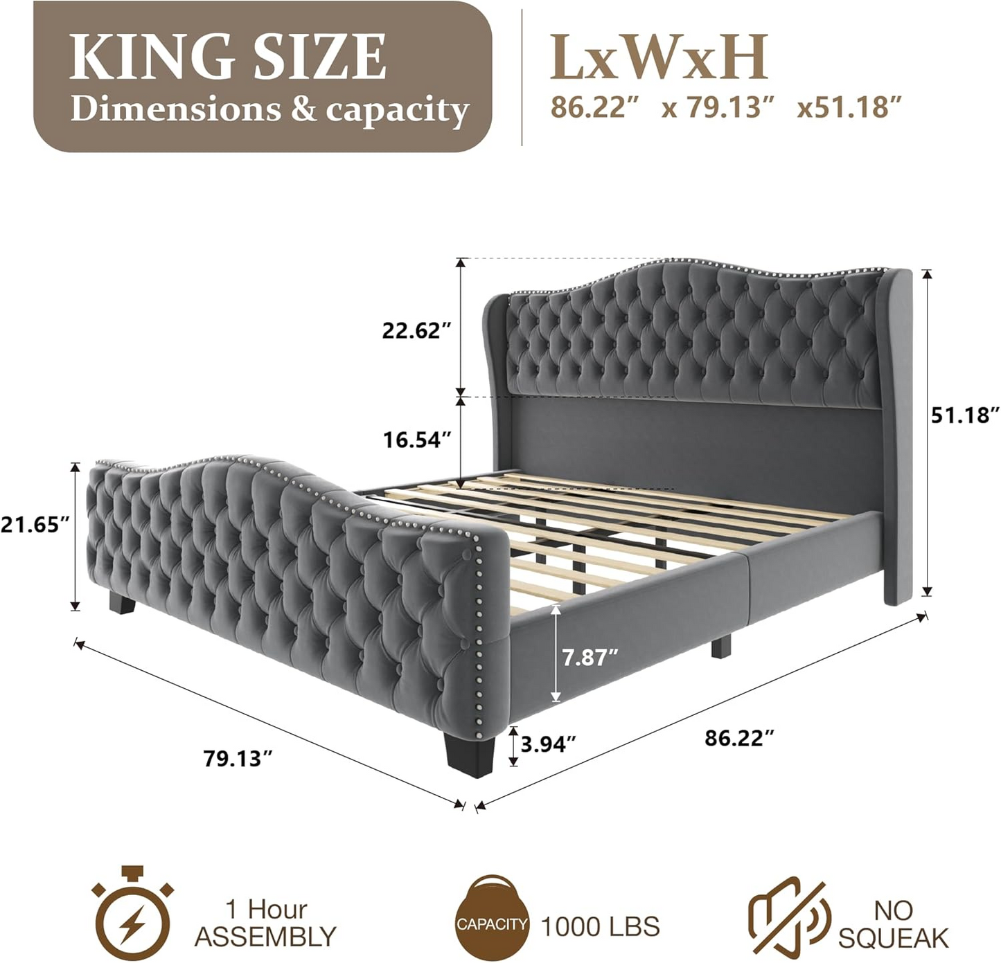 VIPLOV Queen Size Platform Bed Frame with 51-inch Tall Camelback Headboard & Wingback, Deep Button Tufted Footboard with Nailhead Trim