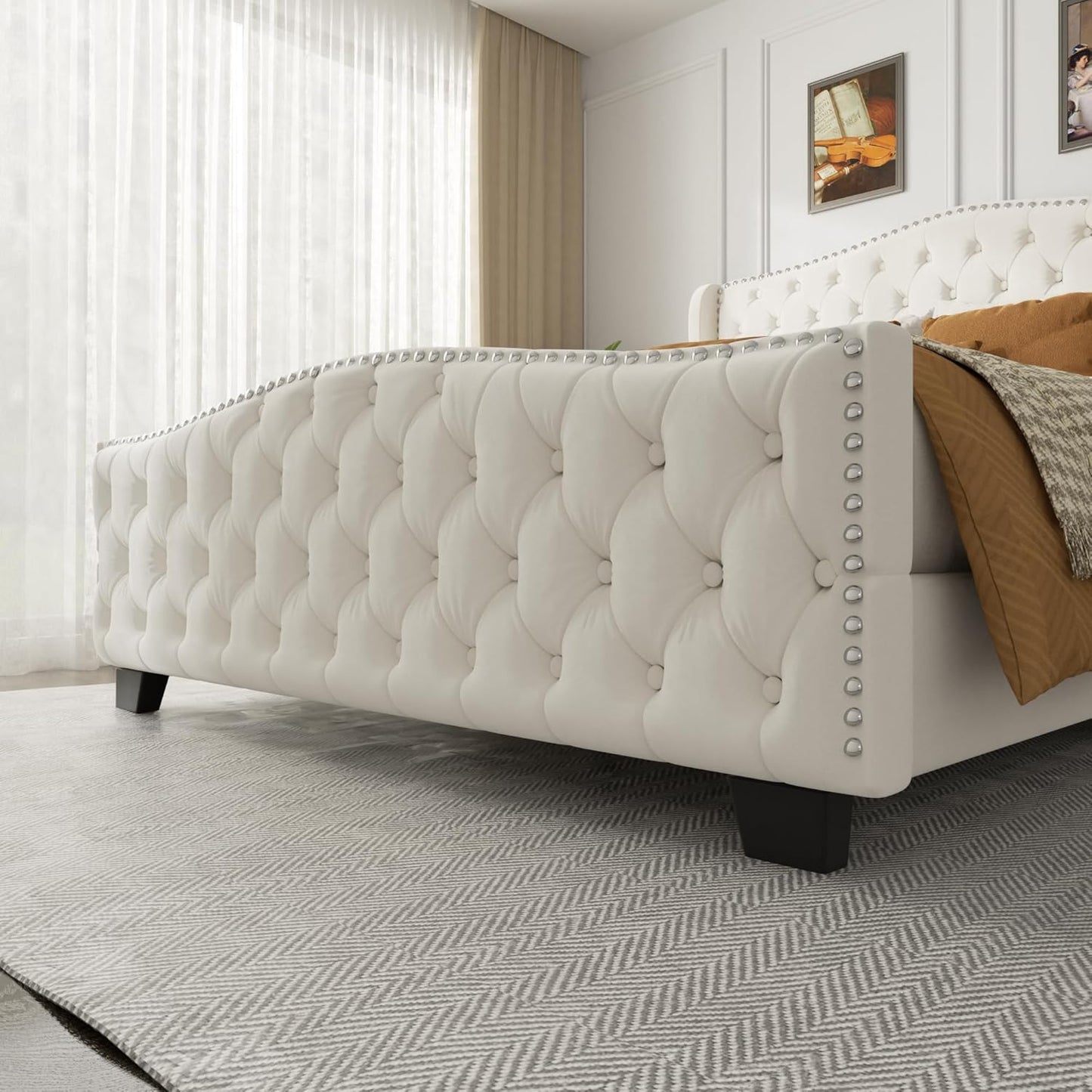 VIPLOV Queen Size Platform Bed Frame with 51-inch Tall Camelback Headboard & Wingback, Deep Button Tufted Footboard with Nailhead Trim